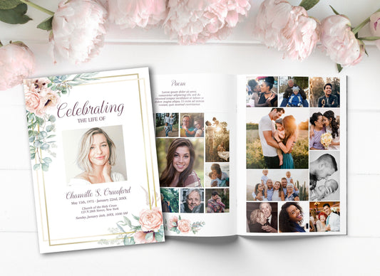 Pink Roses & Photo Collage Funeral Program Template - 8 Page - lovingmemoryprints