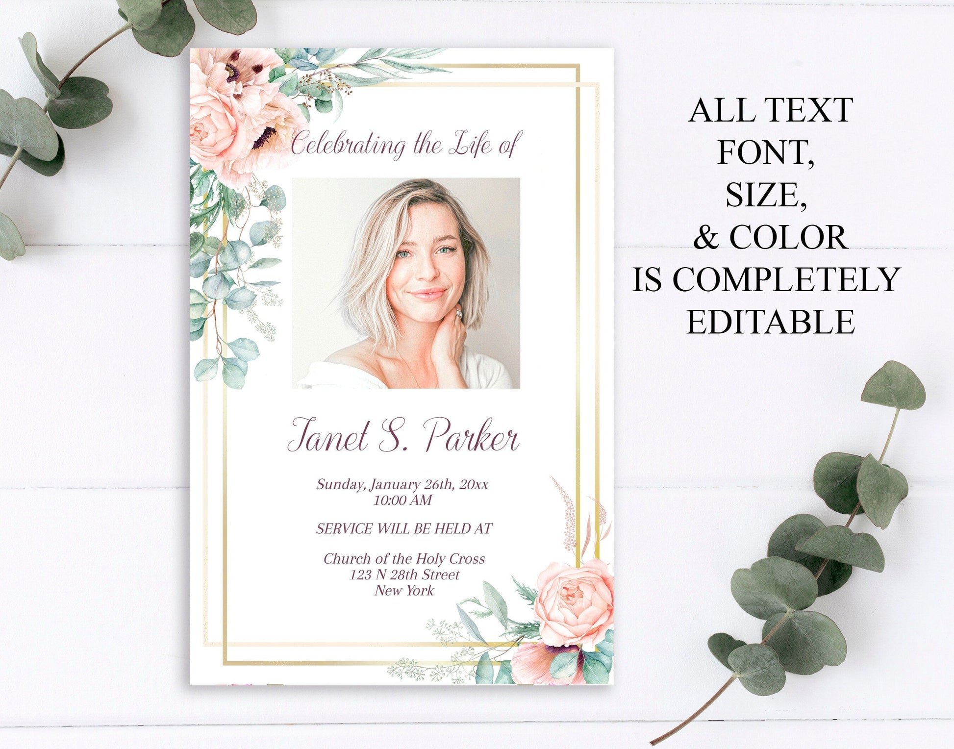 Pink Roses Theme Funeral Invitation Template With Gold Border Center Photo - lovingmemoryprints