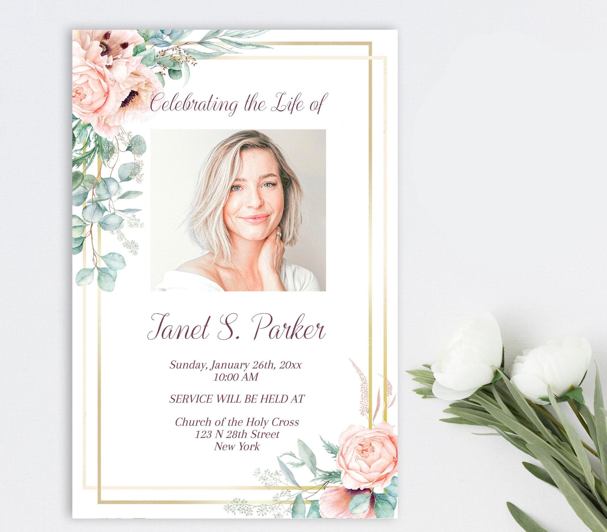 Pink Roses Theme Funeral Invitation Template With Gold Border Center Photo - lovingmemoryprints