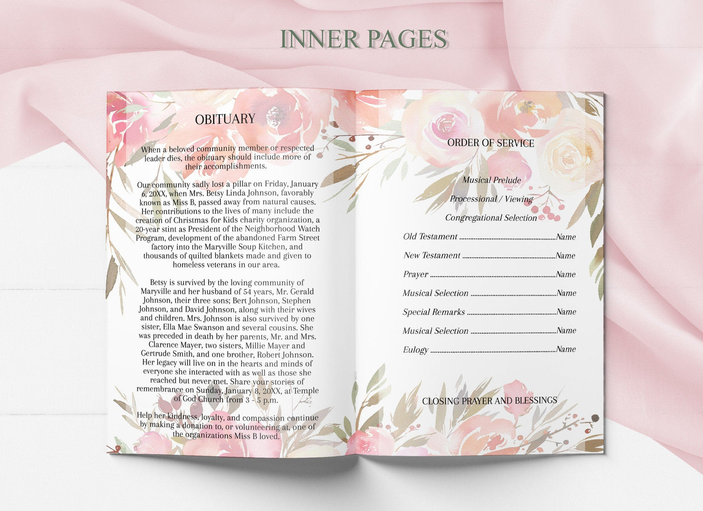 Pink Theme Funeral Program Template - 4 Page - lovingmemoryprints