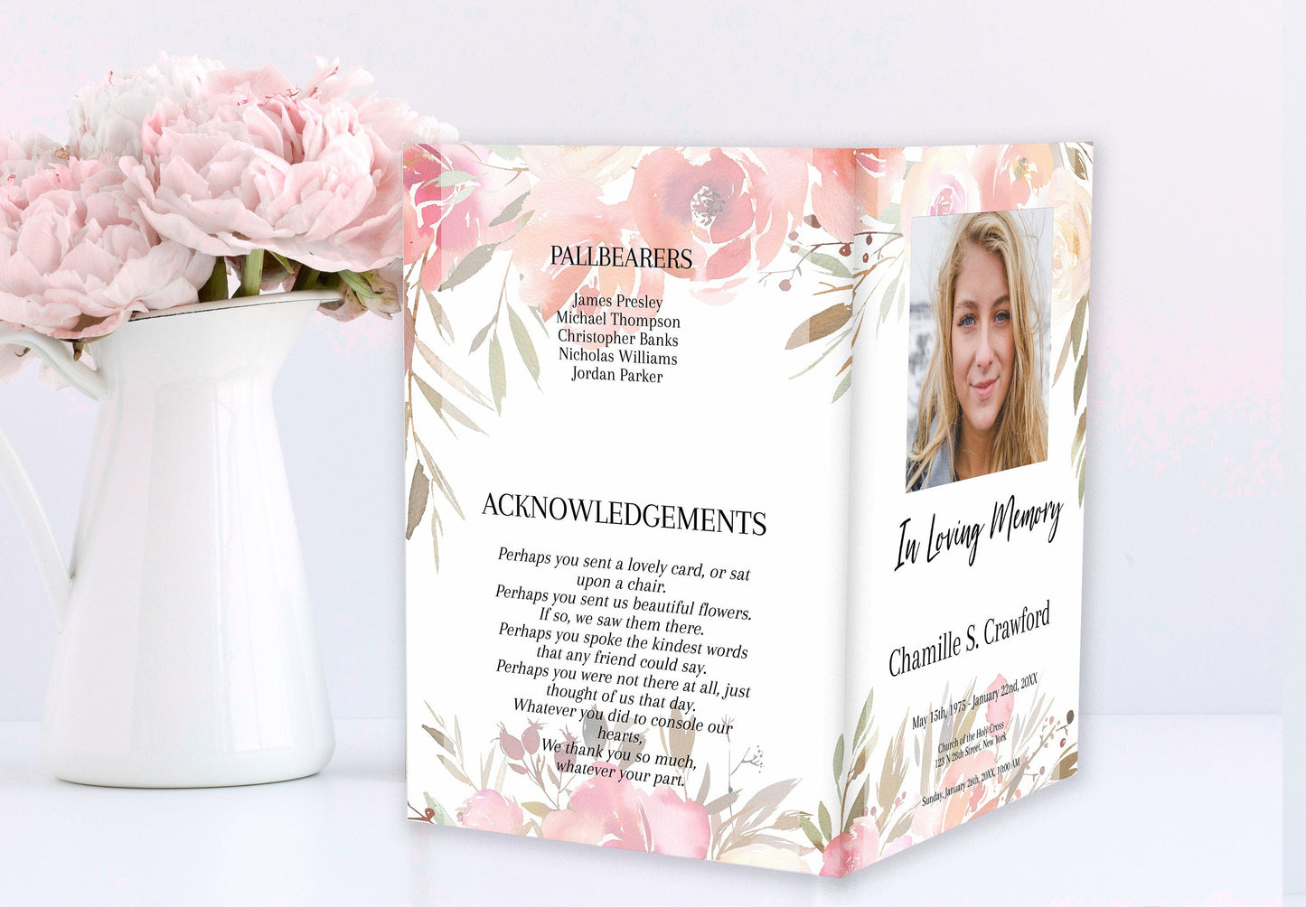 Pink Theme Funeral Program Template - 4 Page - lovingmemoryprints