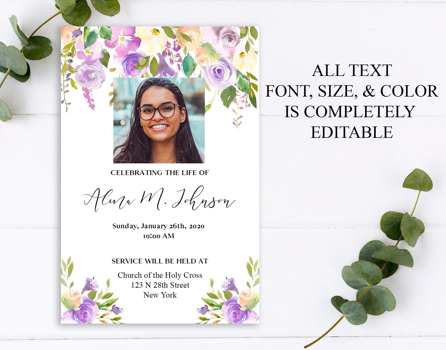 Purple Floral Funeral Invitation Template - lovingmemoryprints