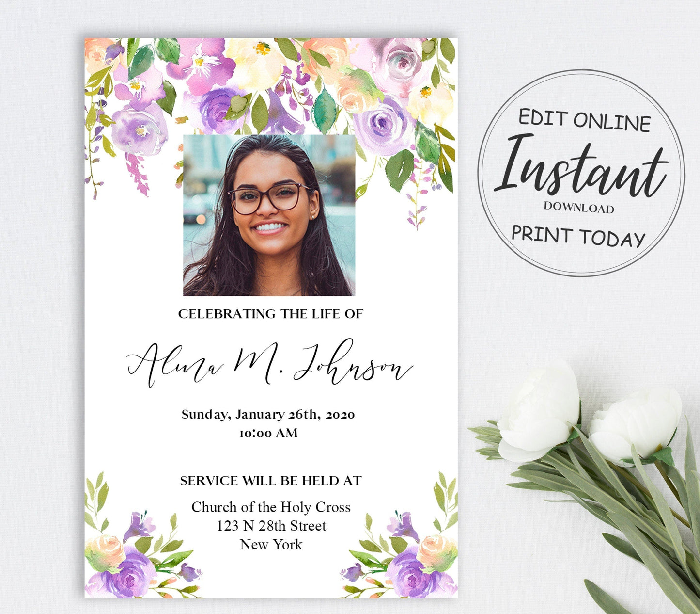 Purple Floral Funeral Invitation Template - lovingmemoryprints