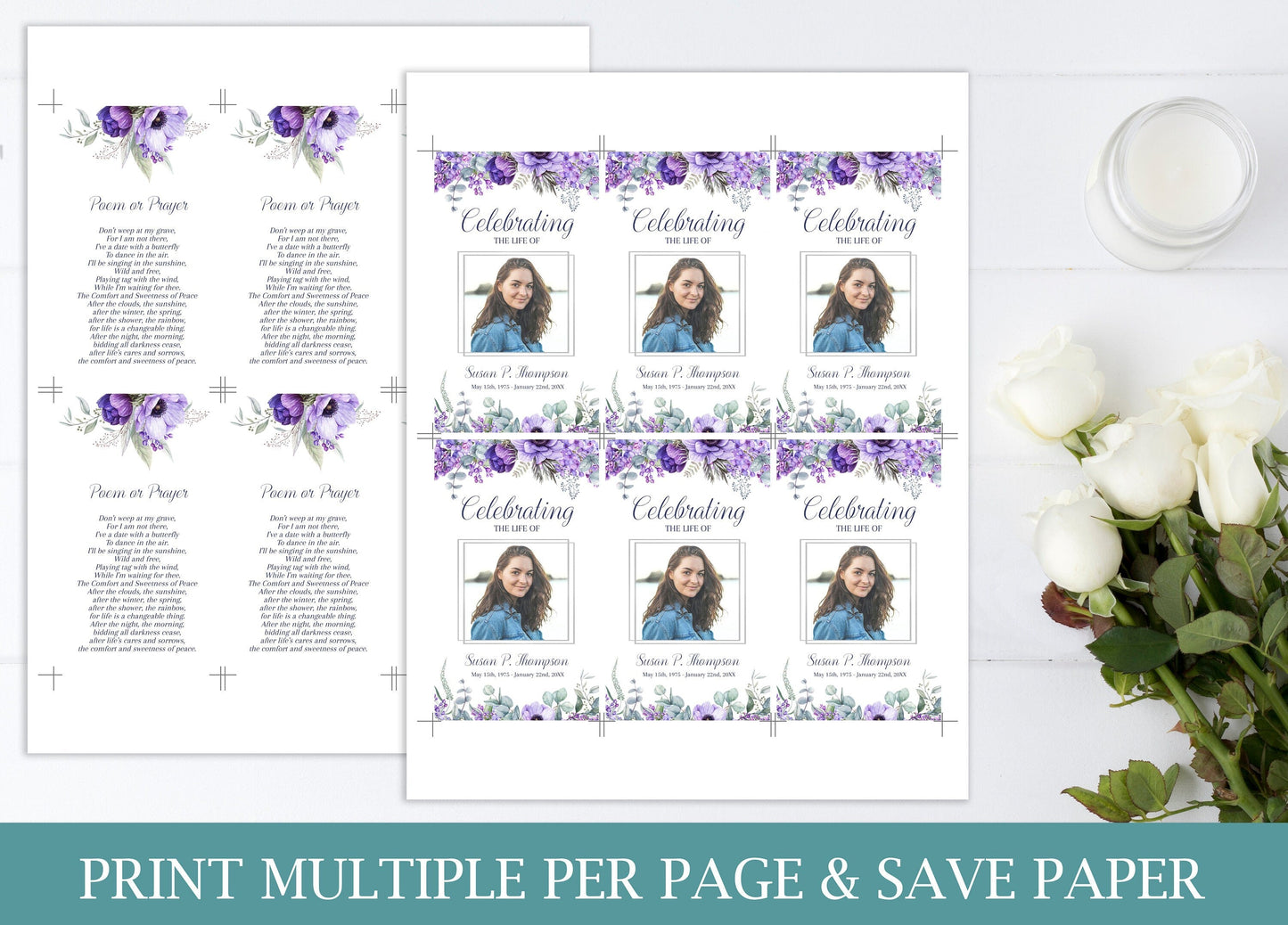 Purple Floral Funeral Prayer Cards Template - lovingmemoryprints
