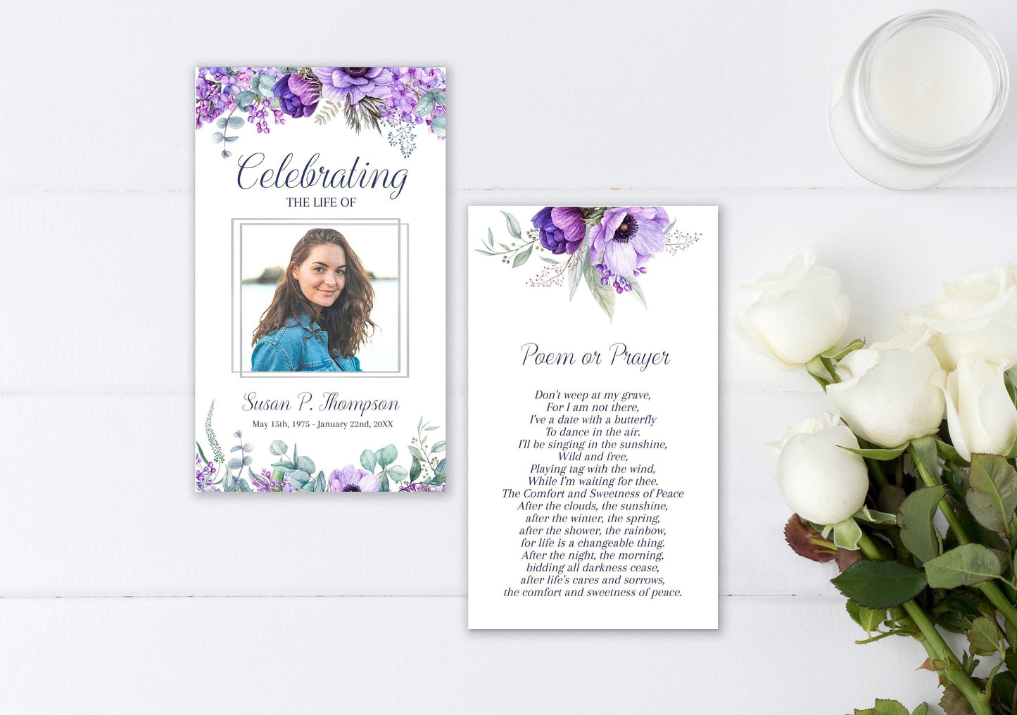 Purple Floral Funeral Prayer Cards Template - lovingmemoryprints