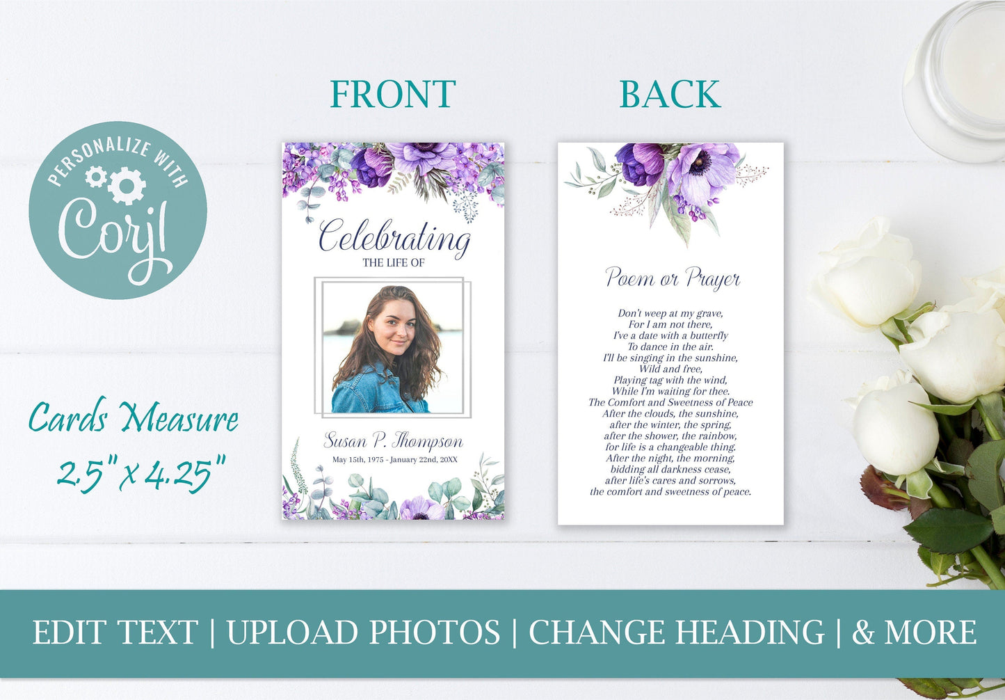 Purple Floral Funeral Prayer Cards Template - lovingmemoryprints