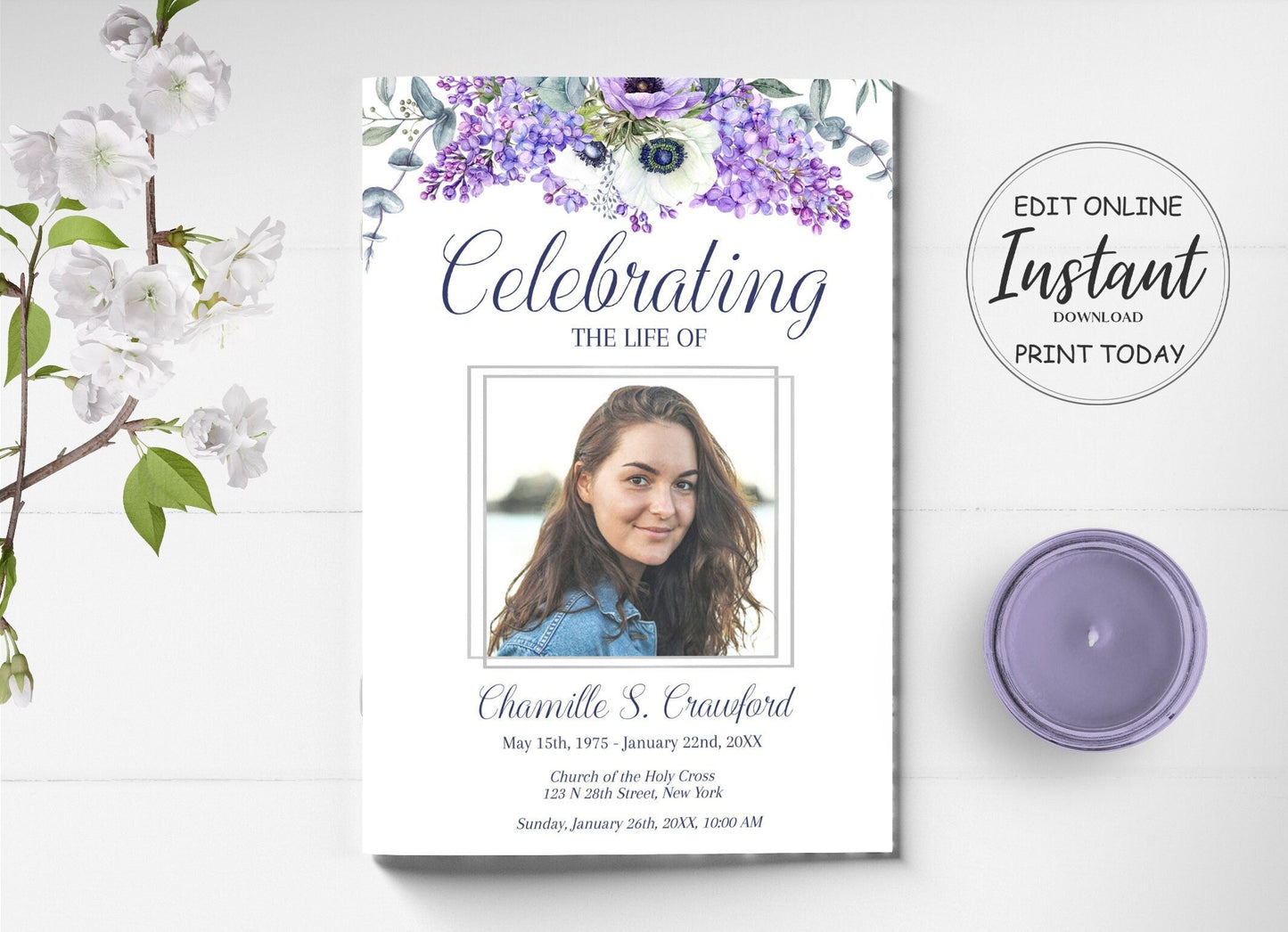 Purple Floral Funeral Program Template - 8 Page - lovingmemoryprints