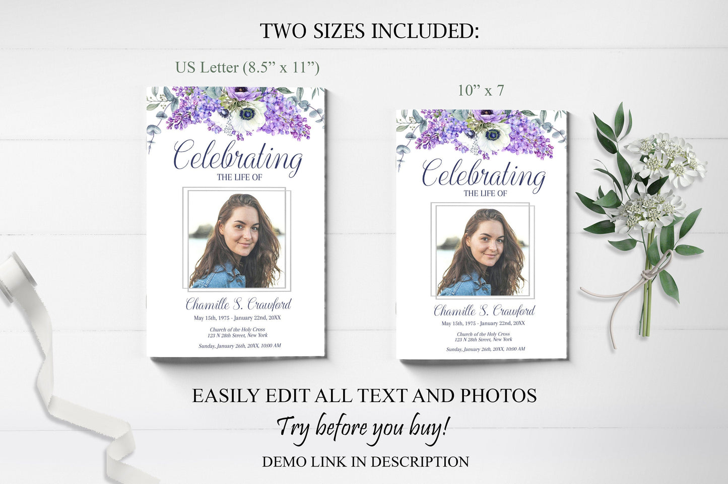 Purple Floral Funeral Program Template - 8 Page - lovingmemoryprints
