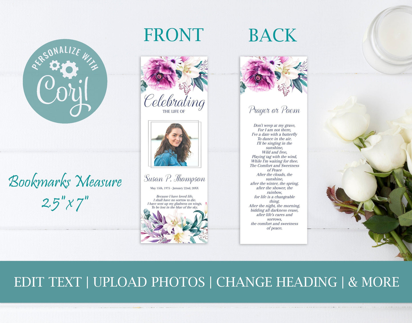 Purple Flower Funeral Bookmark Keepsake Template - lovingmemoryprints