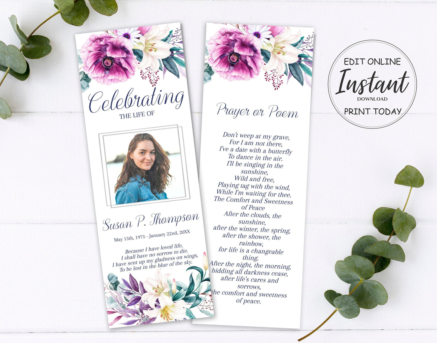 Purple Flower Funeral Bookmark Keepsake Template - lovingmemoryprints