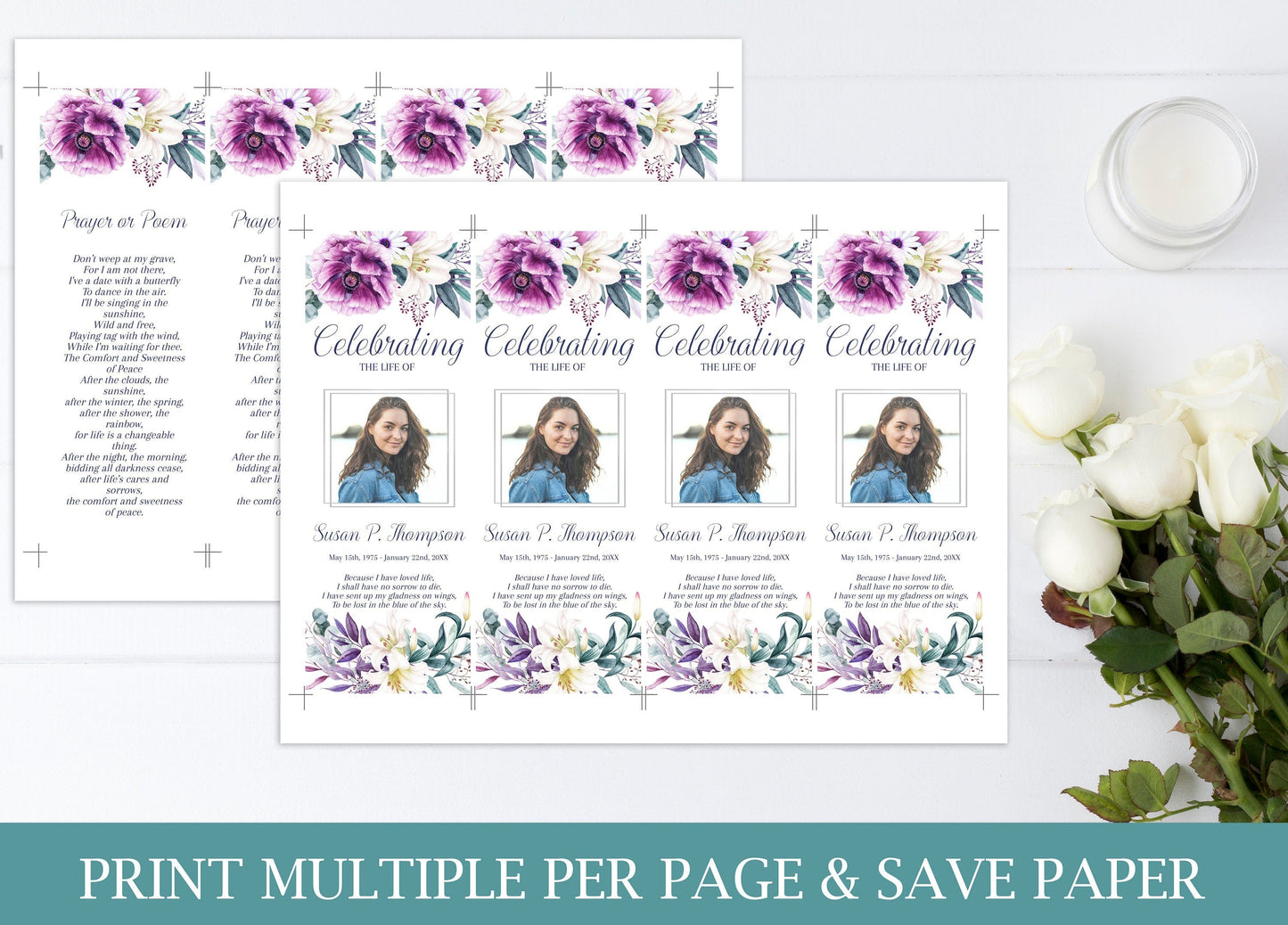 Purple Flower Funeral Bookmark Keepsake Template - lovingmemoryprints