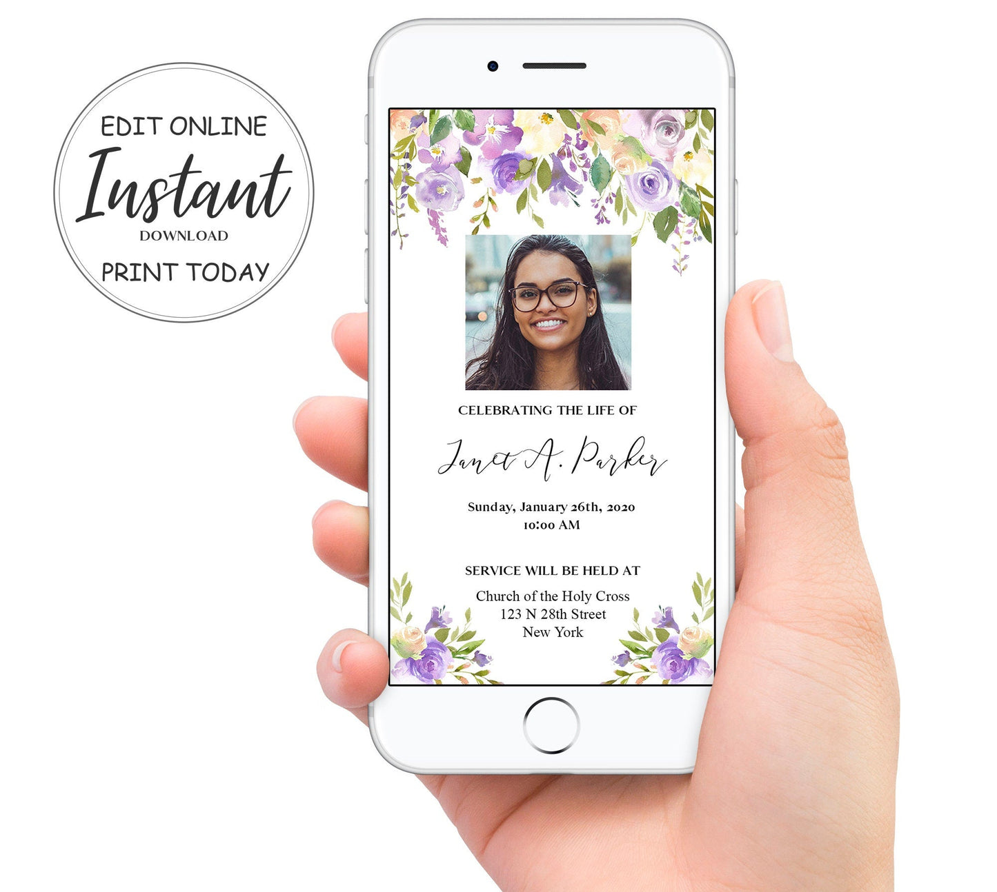Purple Flower Funeral Invitation Template - Digital & Physical - lovingmemoryprints