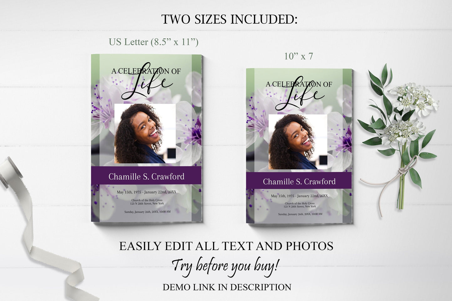 Purple Flower Funeral Program Template | 8 - Page - lovingmemoryprints