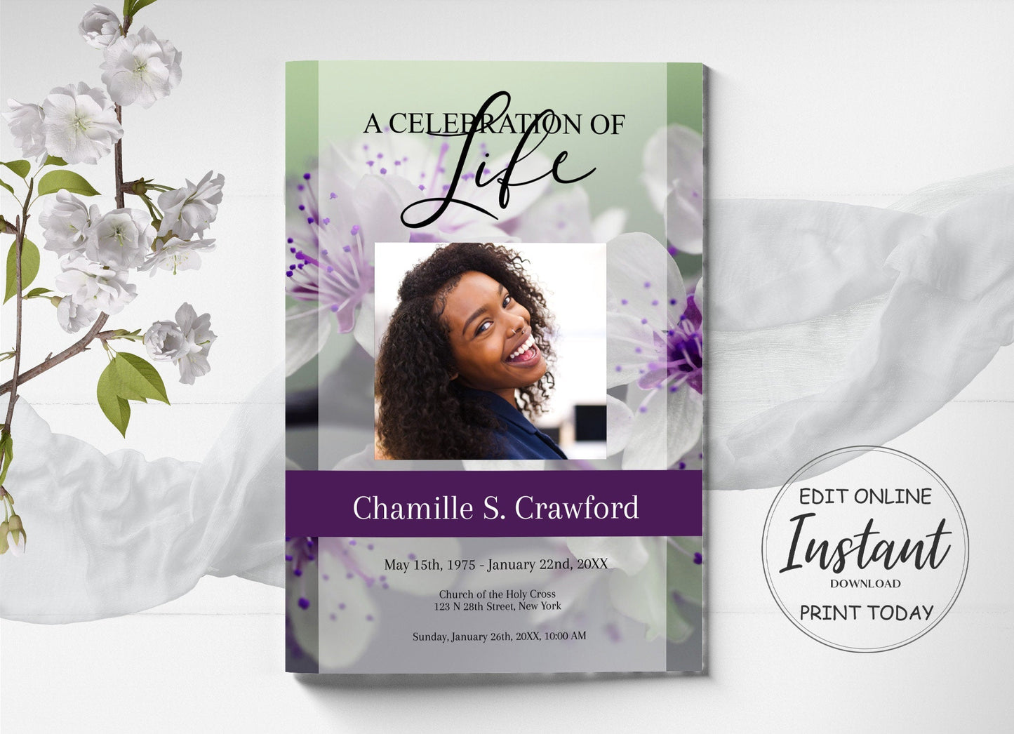 Purple Flower Funeral Program Template | 8 - Page - lovingmemoryprints