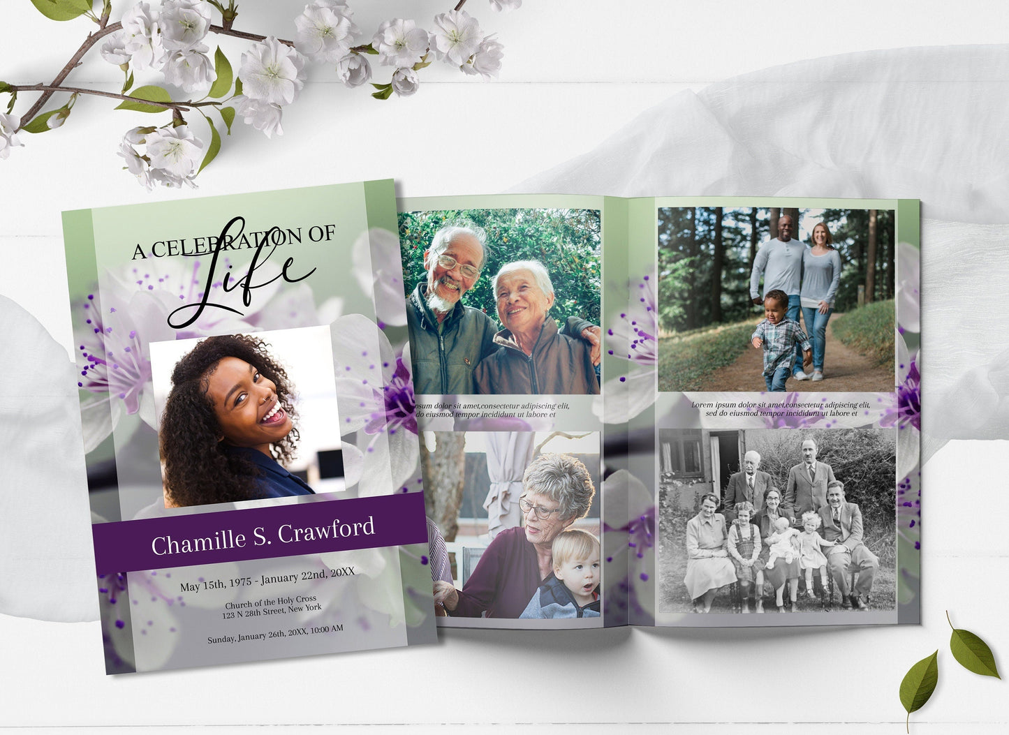 Purple Flower Funeral Program Template | 8 - Page - lovingmemoryprints