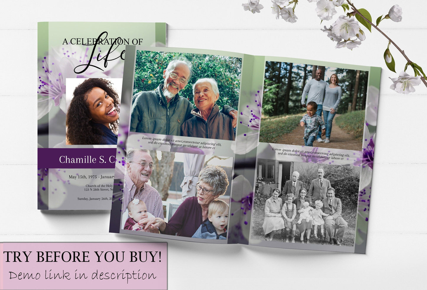Purple Flower Funeral Program Template | 8 - Page - lovingmemoryprints