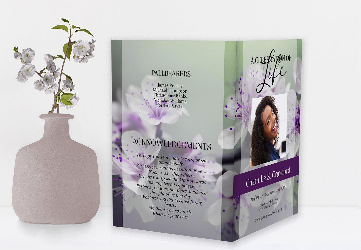 Purple Flower Funeral Program Template | 8 - Page - lovingmemoryprints
