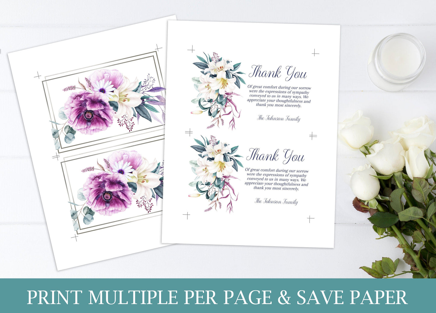 Purple Flower Funeral Thank You Cards Template - lovingmemoryprints
