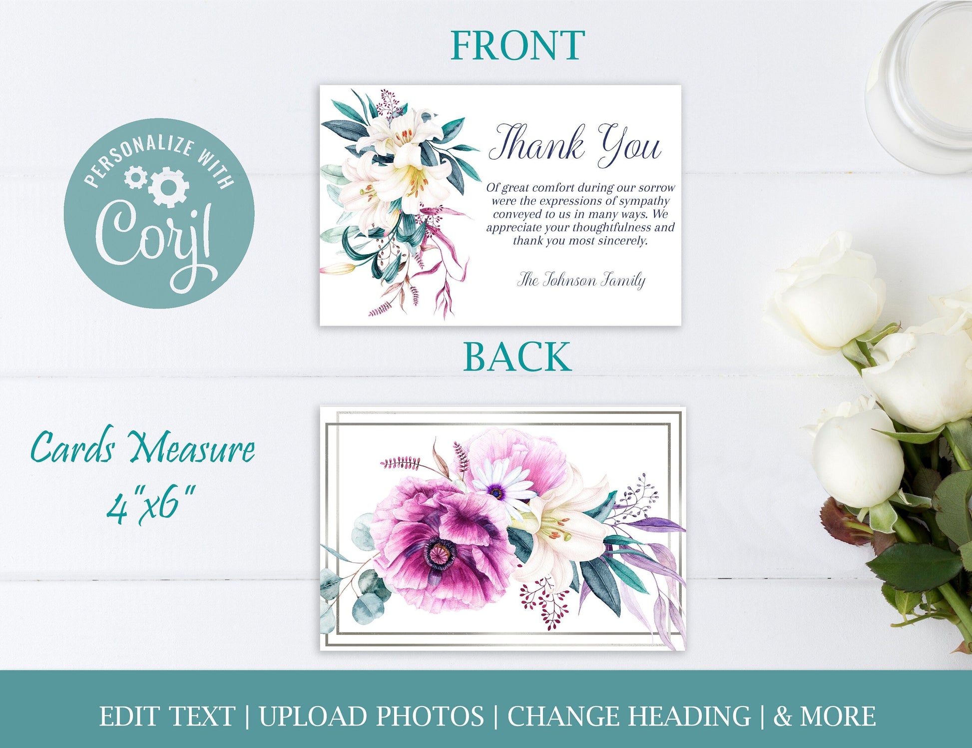 Purple Flower Funeral Thank You Cards Template - lovingmemoryprints
