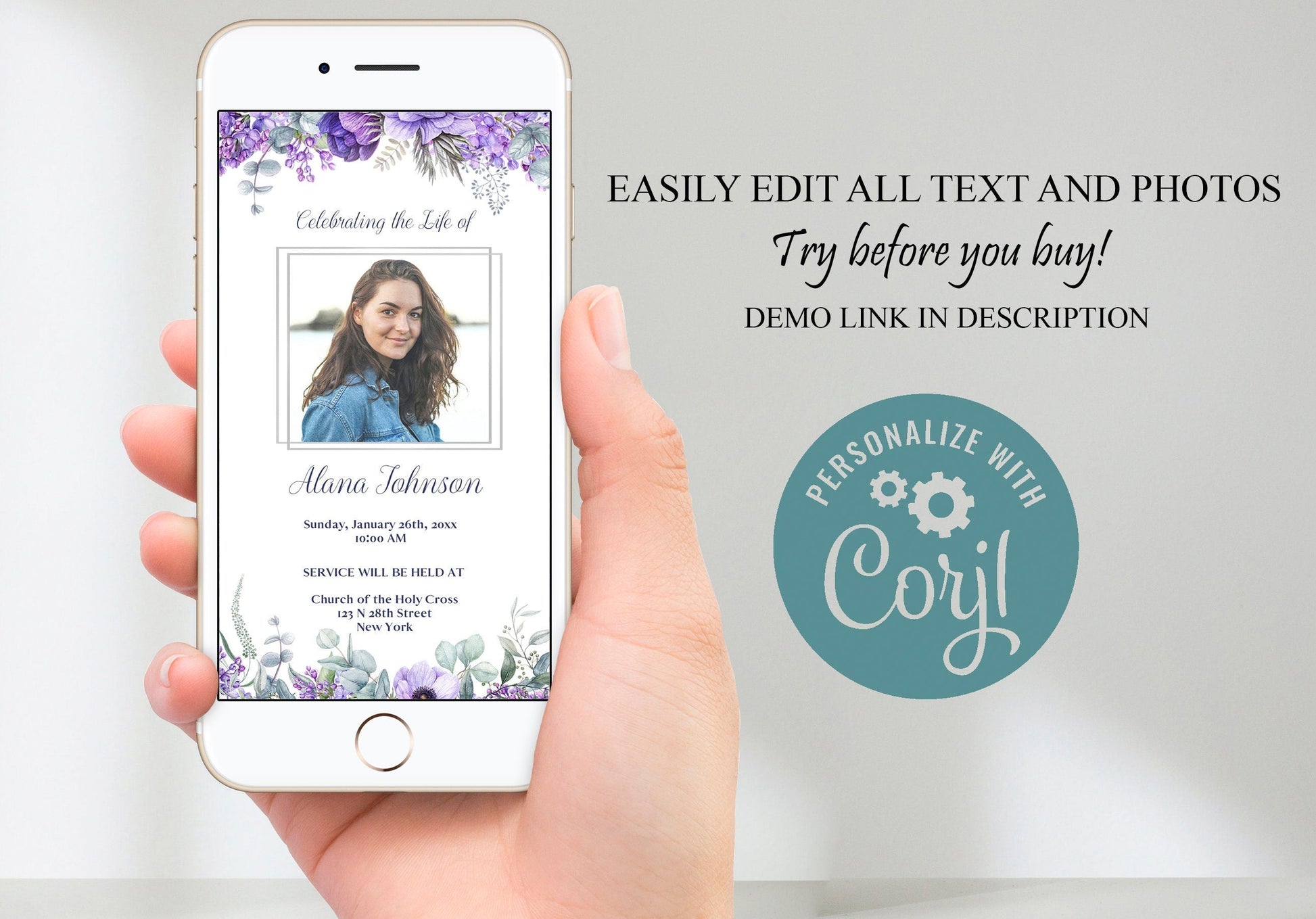 Purple Flowers Funeral Announcement Teamplate - Digital & Physical - lovingmemoryprints