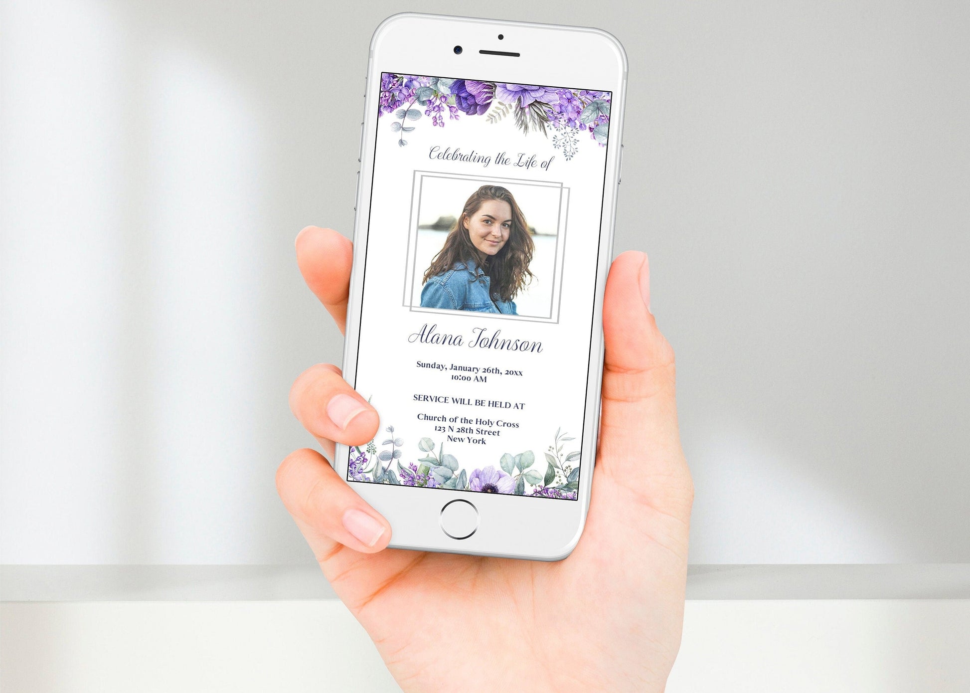 Purple Flowers Funeral Announcement Teamplate - Digital & Physical - lovingmemoryprints