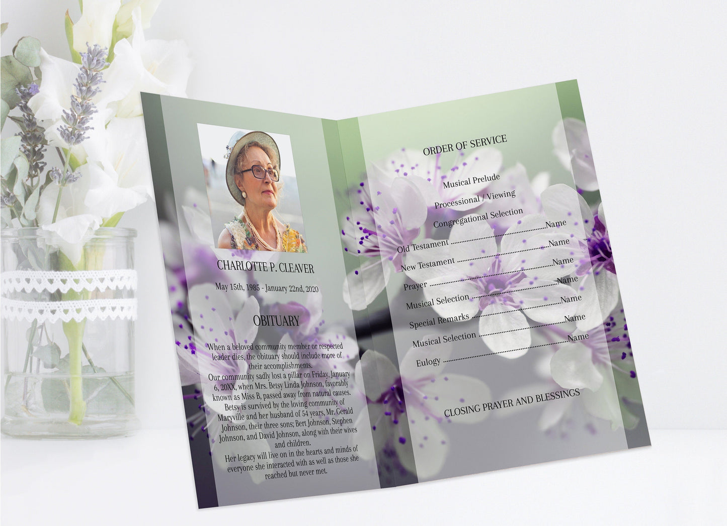 Purple Funeral Program Template for Woman | Obituary Template to Honor Your Loved One | Purple Celebration of Life Memorial Program | A113 - lovingmemoryprints