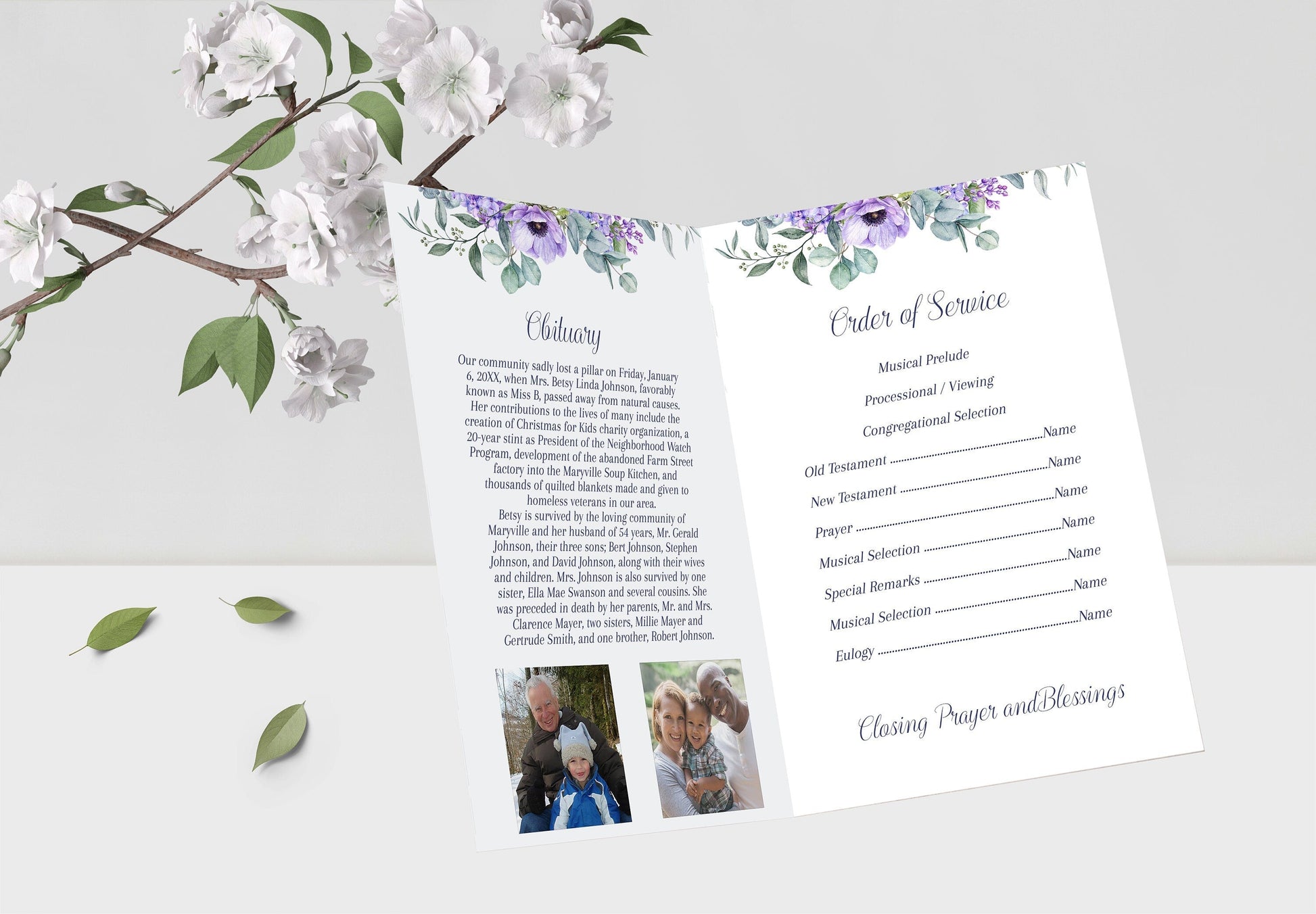 Purple Funeral Program Template For Woman | Purple Flowers Obituary Template | Lilac Celebration of Life Program | B140 - lovingmemoryprints