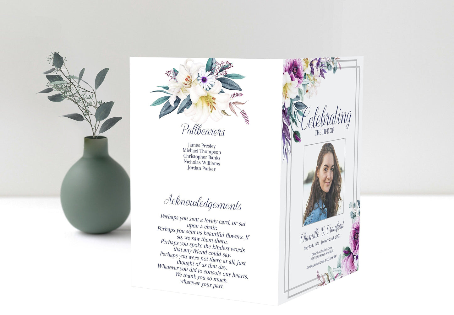 Purple Funeral Program Template For Woman | Purple Flowers Obituary Template | Lily Celebration of Life Program | B170 - lovingmemoryprints