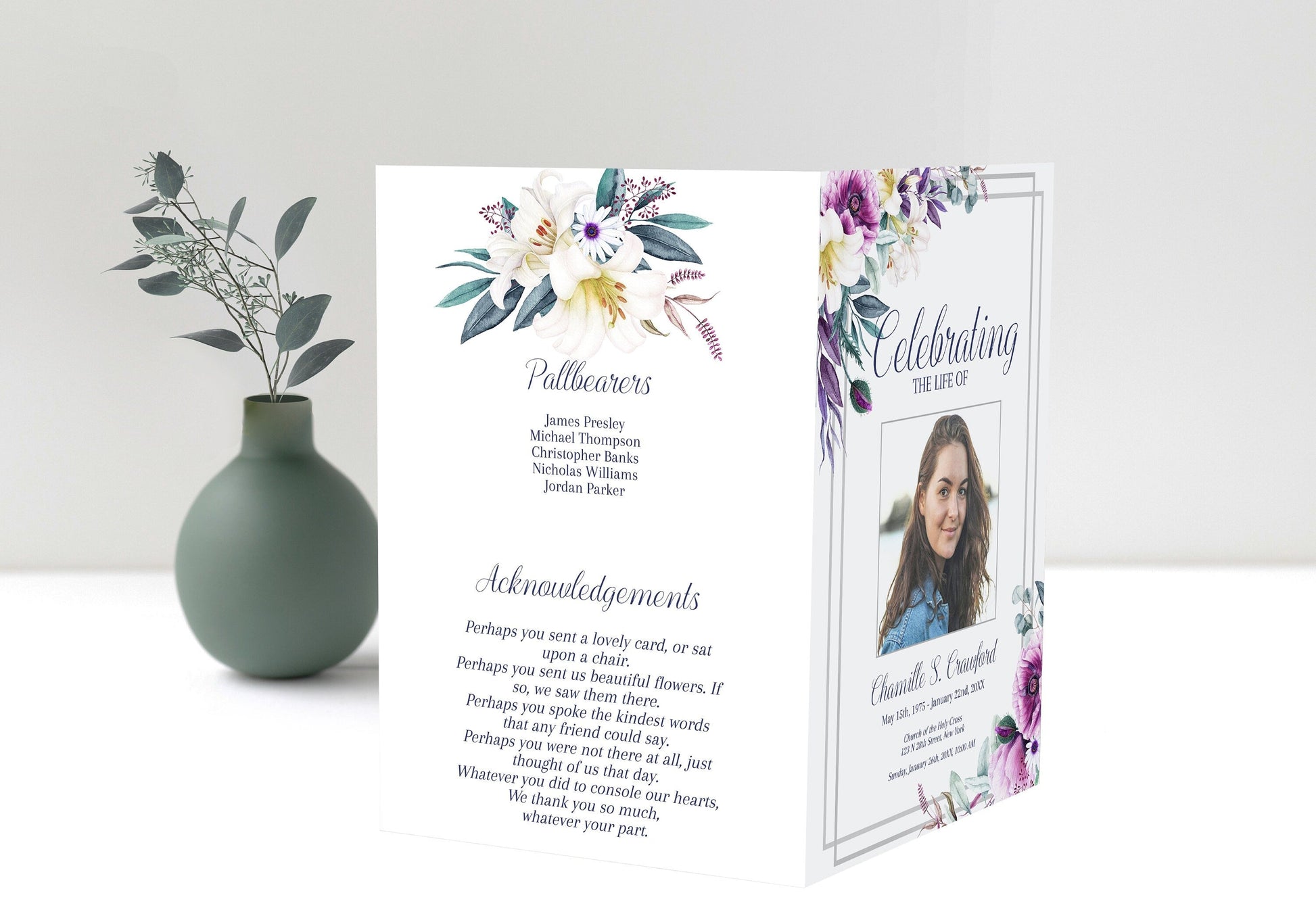 Purple Funeral Program Template For Woman | Purple Flowers Obituary Template | Lily Celebration of Life Program | B170 - lovingmemoryprints