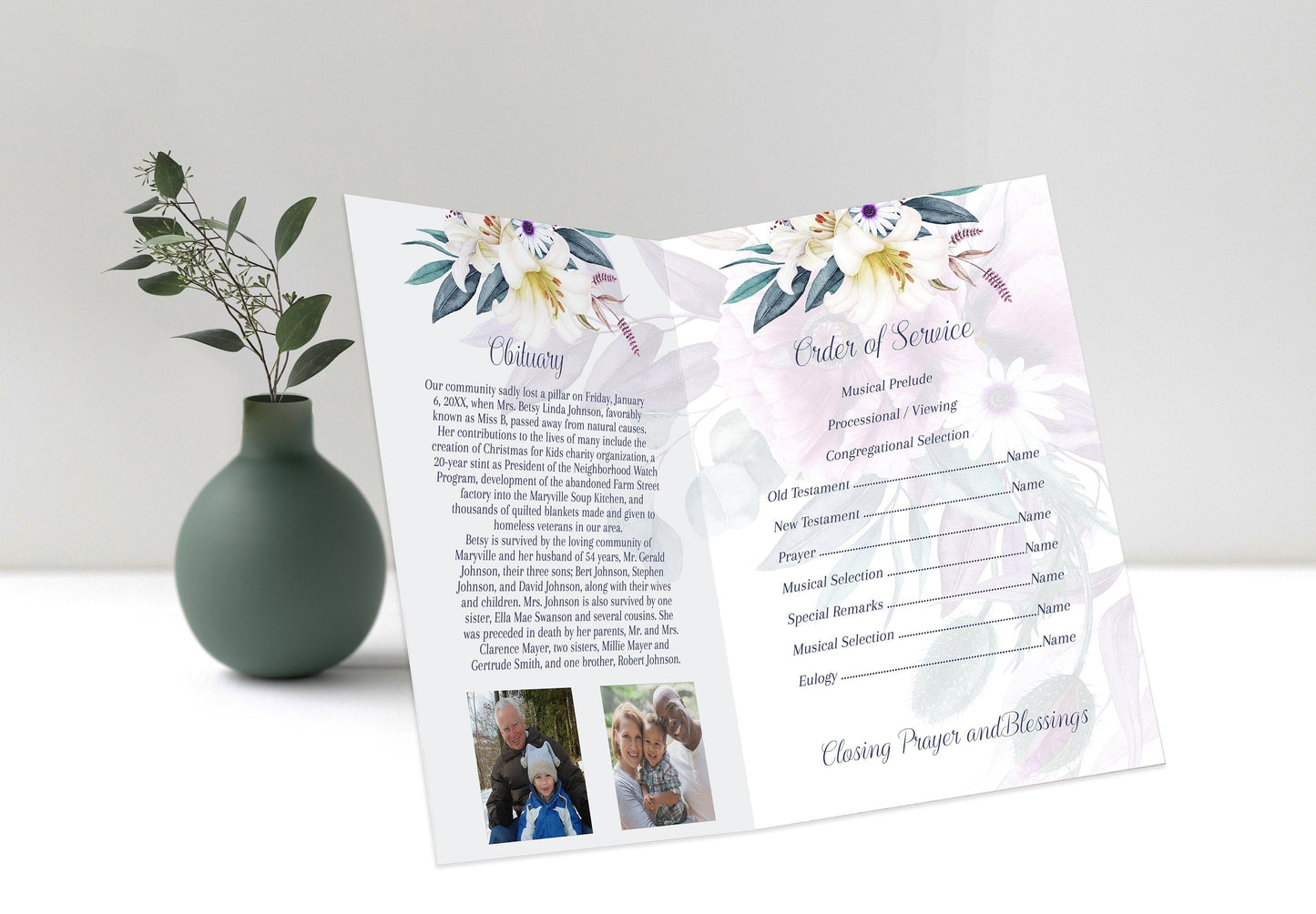 Purple Funeral Program Template For Woman | Purple Flowers Obituary Template | Lily Celebration of Life Program | B170 - lovingmemoryprints