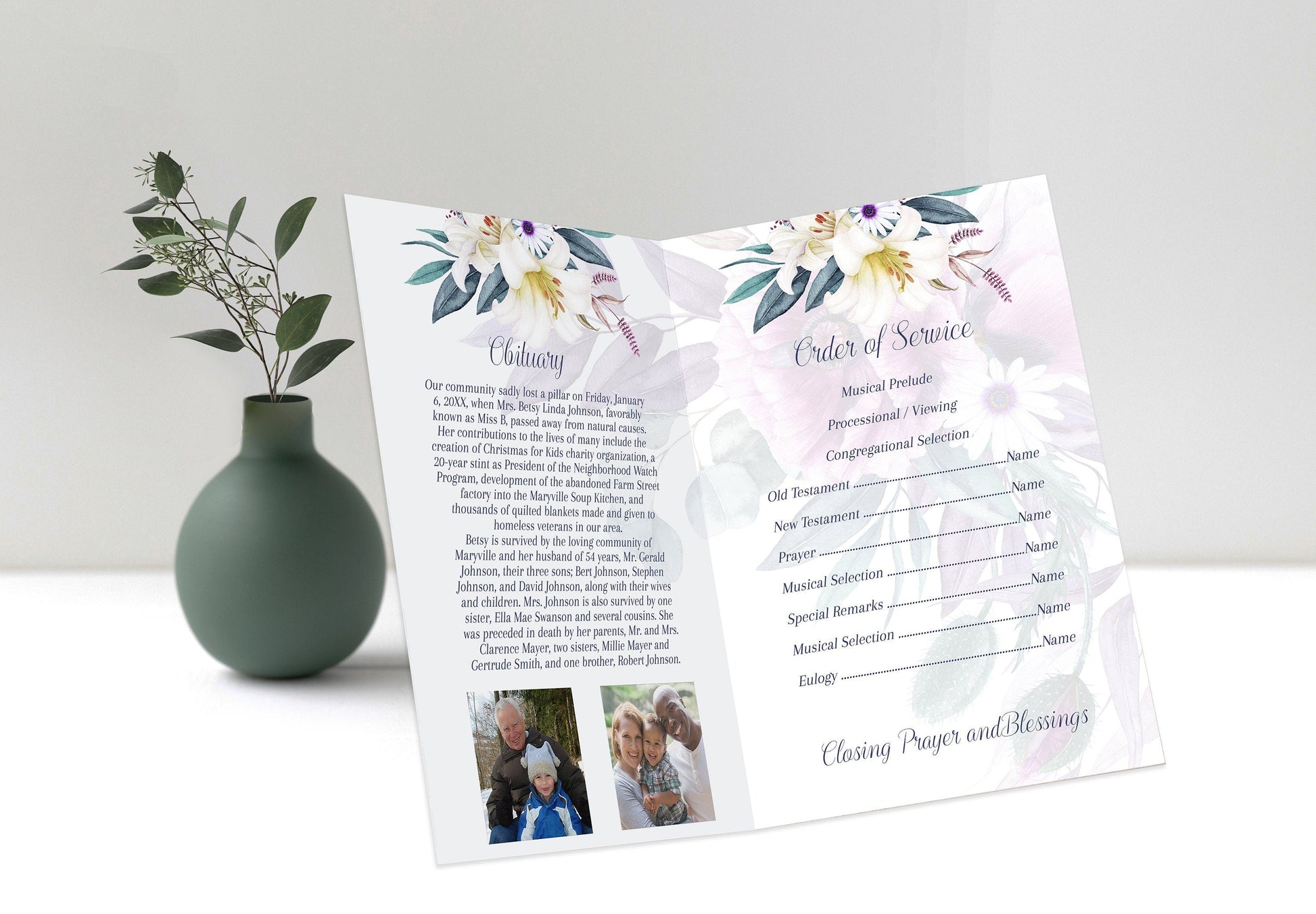 Purple Funeral Program Template For Woman | Purple Flowers Obituary Template | Lily Celebration of Life Program | B170 - lovingmemoryprints