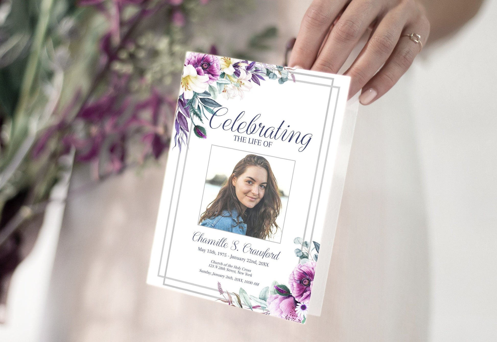 Purple Funeral Program Template For Woman | Purple Flowers Obituary Template | Lily Celebration of Life Program | B170 - lovingmemoryprints