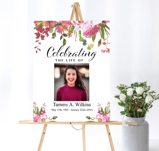 Red Floral Funeral Photo Display Poster Template - lovingmemoryprints