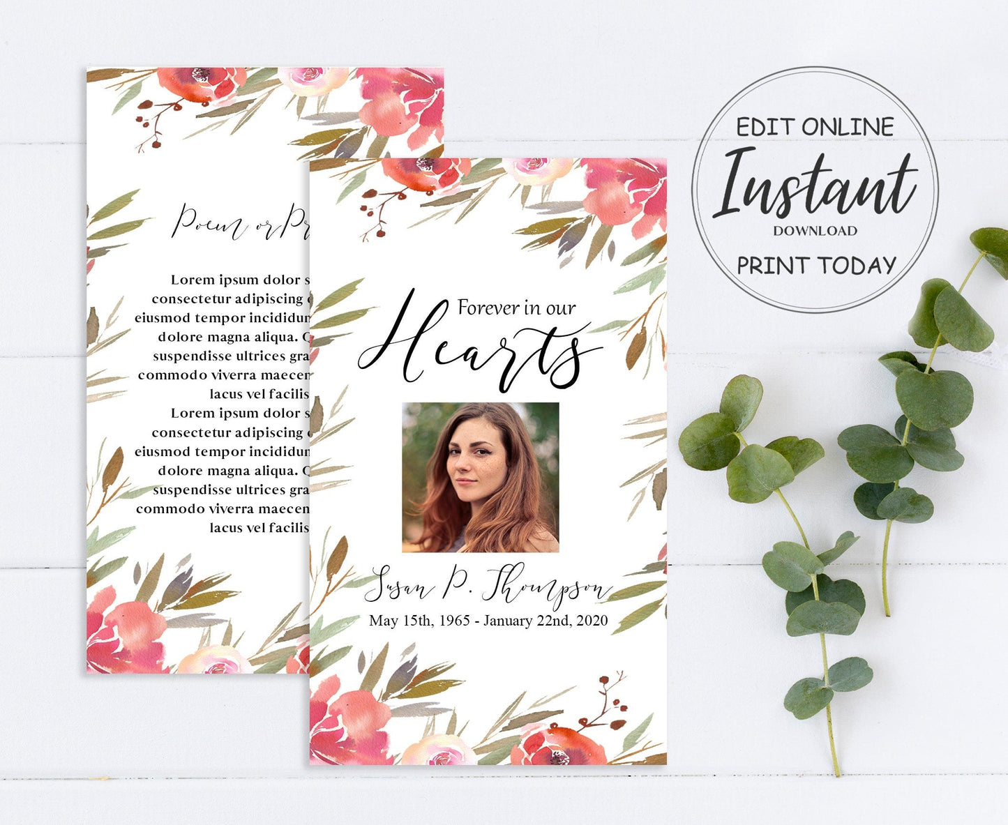 Red Floral Funeral Prayer Cards Templates - lovingmemoryprints