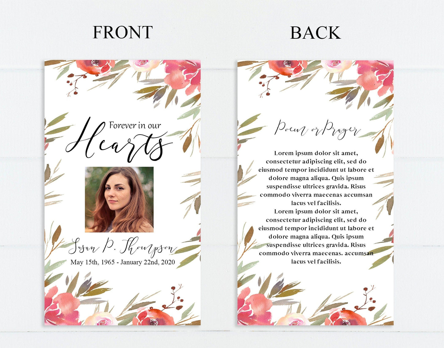 Red Floral Funeral Prayer Cards Templates - lovingmemoryprints