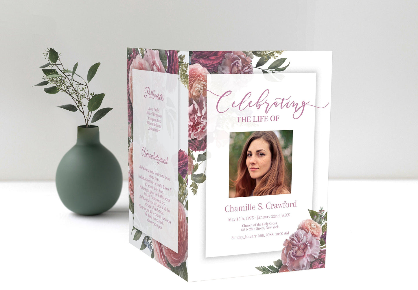 Red Flower Funeral Program Template - 8 page - lovingmemoryprints