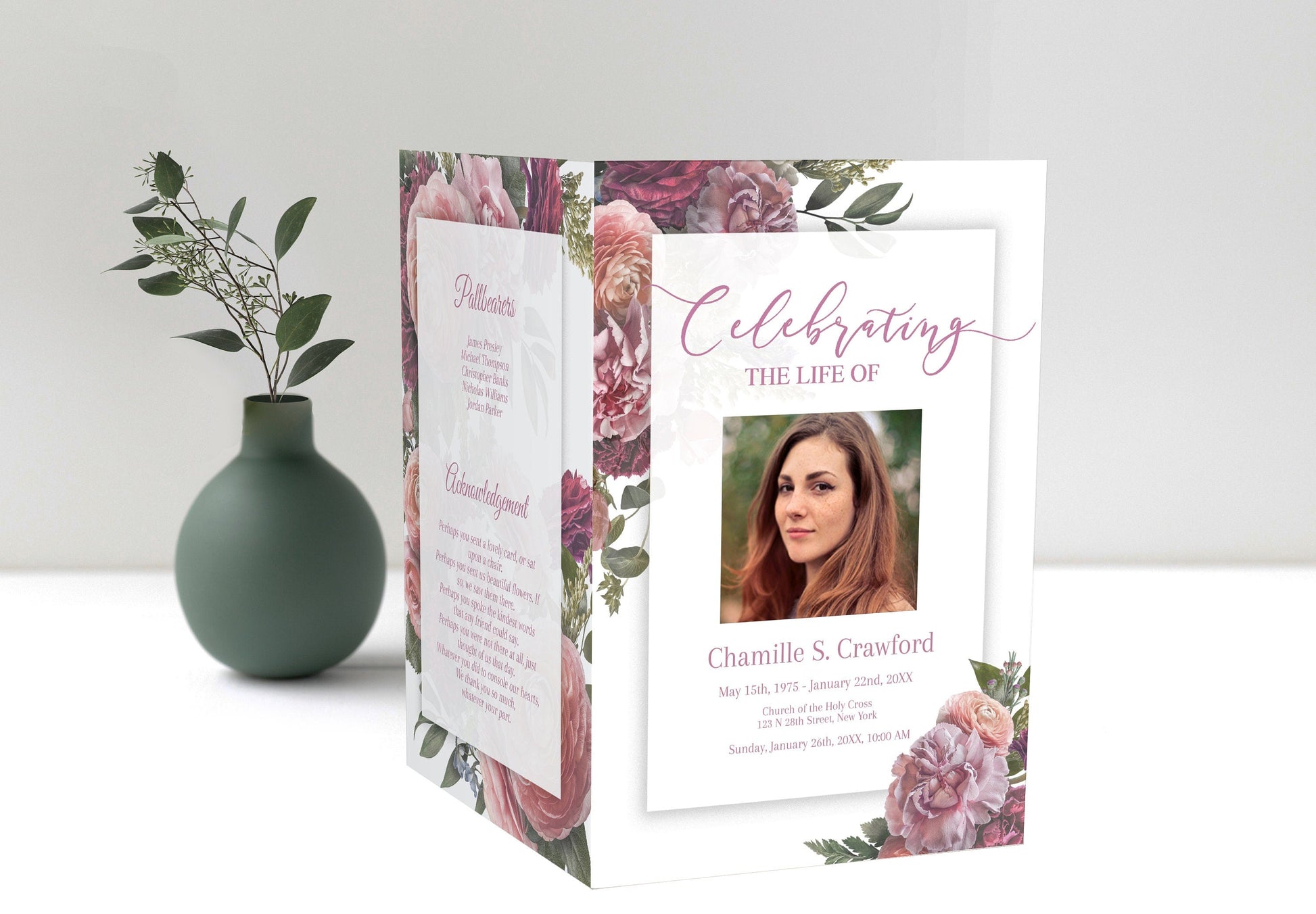Red Flower Funeral Program Template - 8 page - lovingmemoryprints