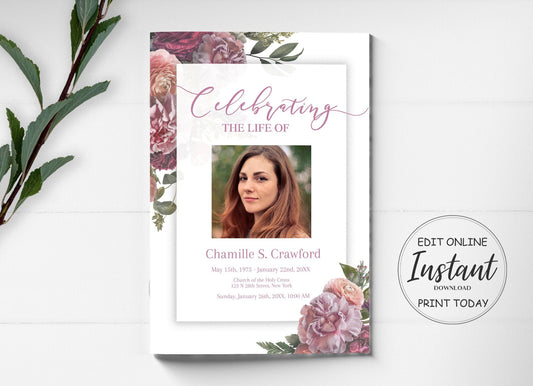 Red Flower Funeral Program Template - 8 page - lovingmemoryprints
