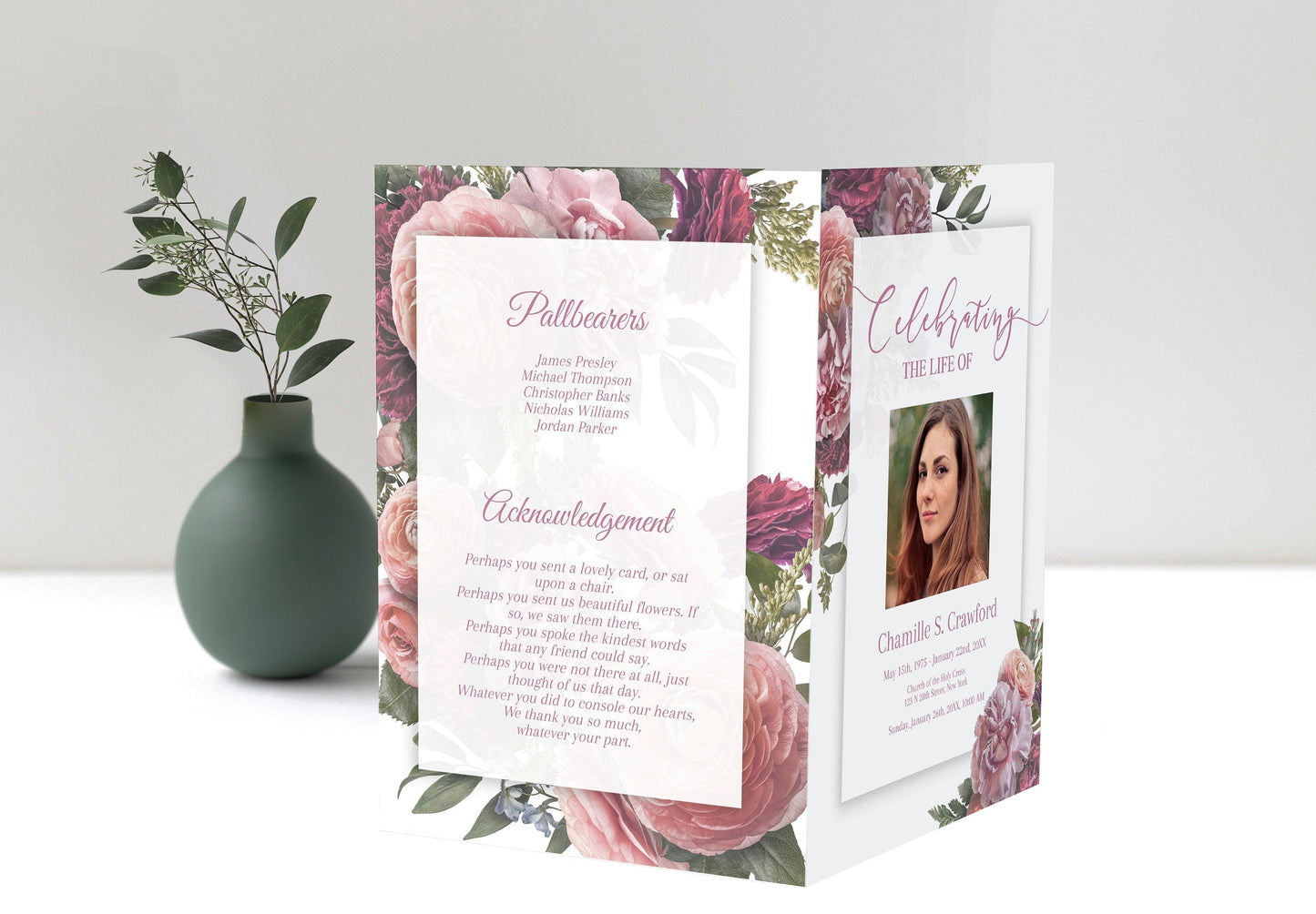 Red Flower Funeral Program Template - 8 page - lovingmemoryprints