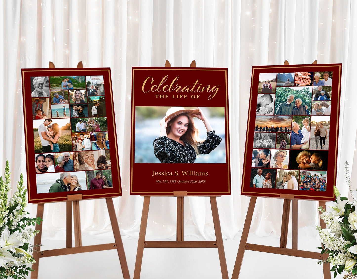 Red & Gold Design Funeral Poster Photo Display - Set of 3 - lovingmemoryprints