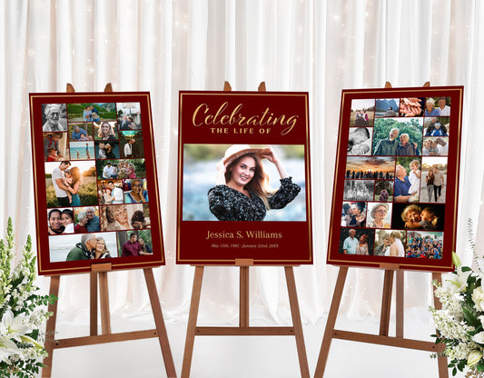 Red & Gold Design Funeral Poster Photo Display - Set of 3 - lovingmemoryprints