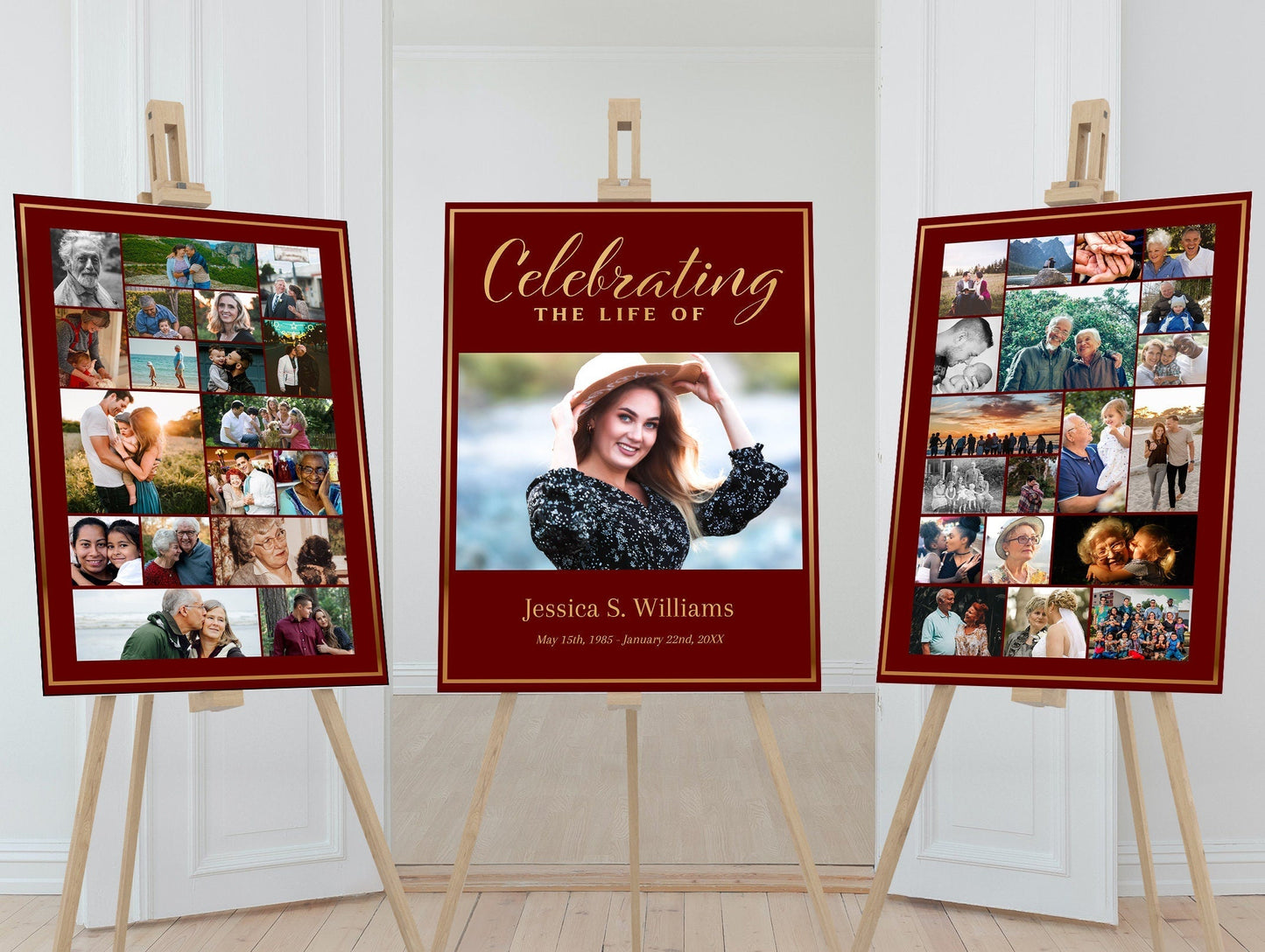 Red & Gold Design Funeral Poster Photo Display - Set of 3 - lovingmemoryprints