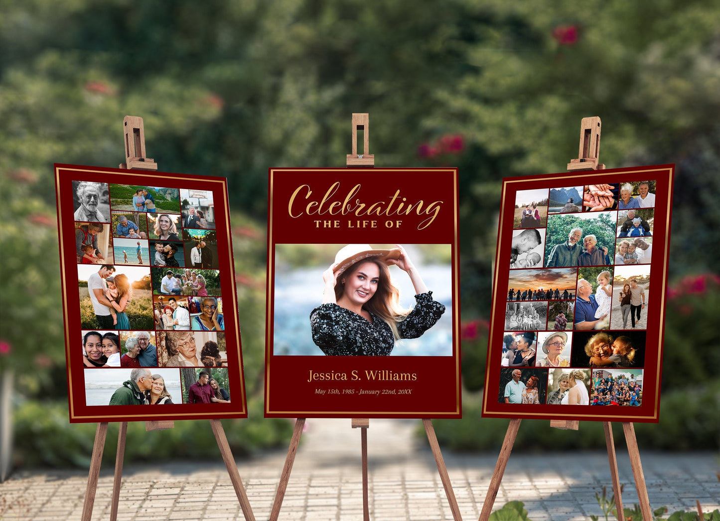 Red & Gold Design Funeral Poster Photo Display - Set of 3 - lovingmemoryprints