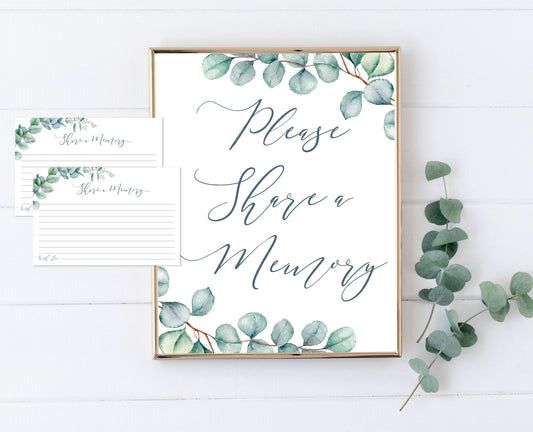 Share a Memory Sign and Cards for Funeral | Greenery Memorial Keepsake | Greenery Eucalyptus Celebration of Life Favors | B160 - lovingmemoryprints
