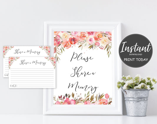 Share a Memory Sign and Cards for Funeral | Memorial Keepsake | Celebration of Life Favors | Pink Floral | A104 - lovingmemoryprints