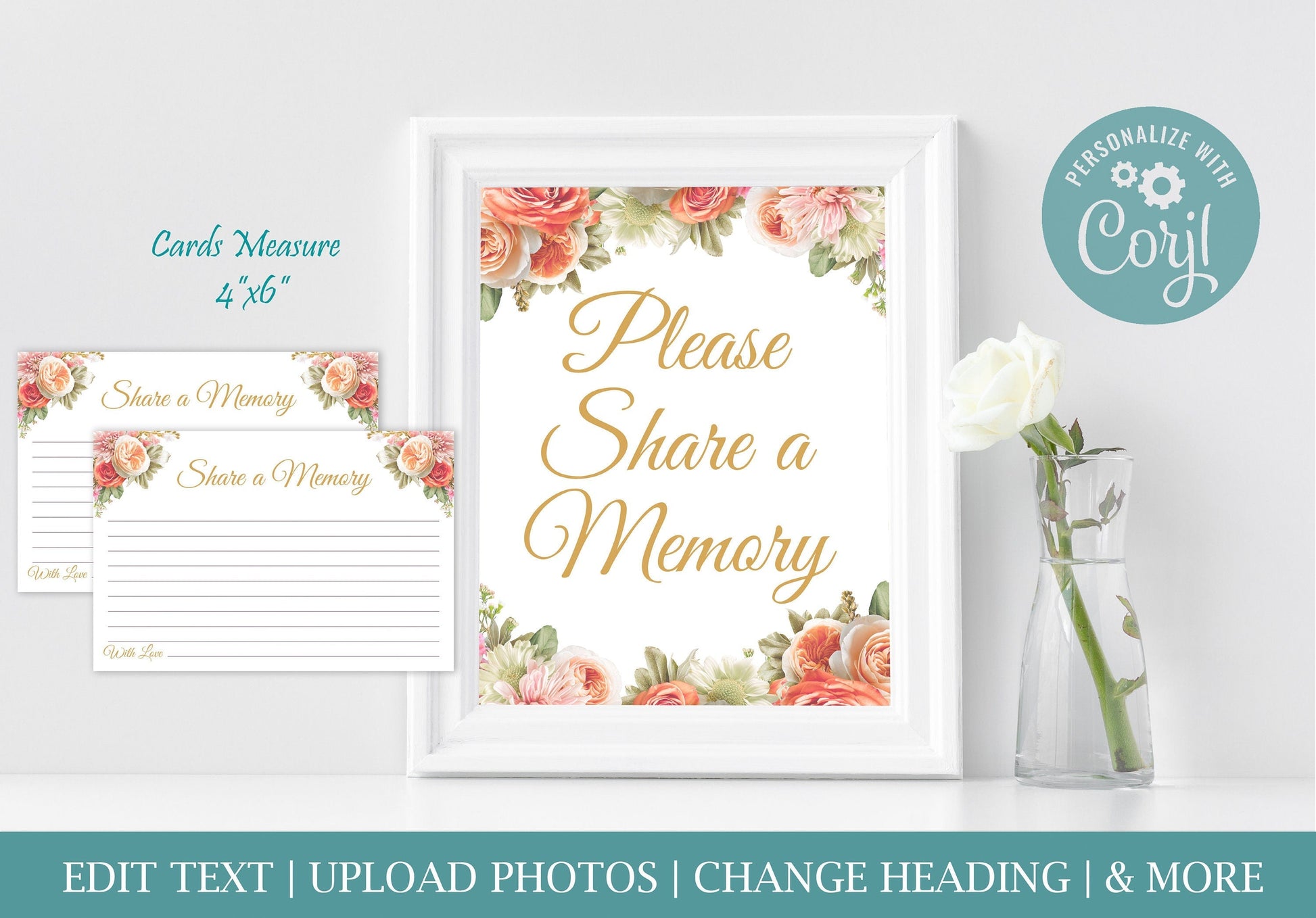 Share a Memory Sign and Cards for Funeral | Peach Floral Memorial Keepsake | Pink Floral Celebration of Life Favors | B107 - lovingmemoryprints