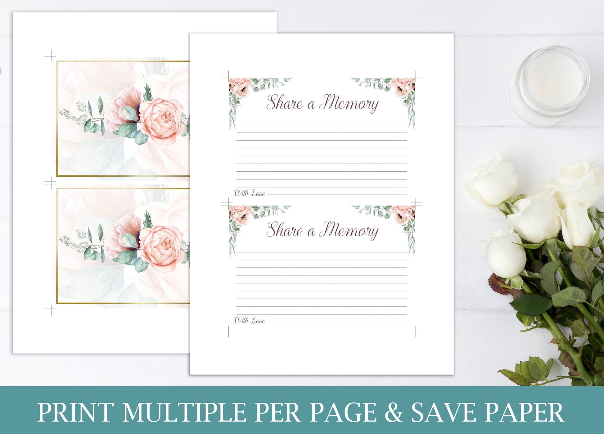 Share a Memory Sign and Cards for Funeral | Pink Roses Memorial Keepsake | Pink Floral Celebration of Life Favors | B150 - lovingmemoryprints