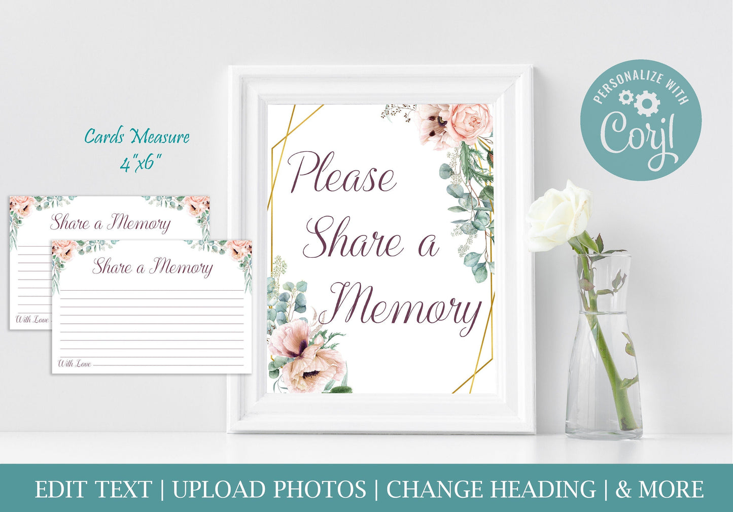 Share a Memory Sign and Cards for Funeral | Pink Roses Memorial Keepsake | Pink Floral Celebration of Life Favors | B150 - lovingmemoryprints