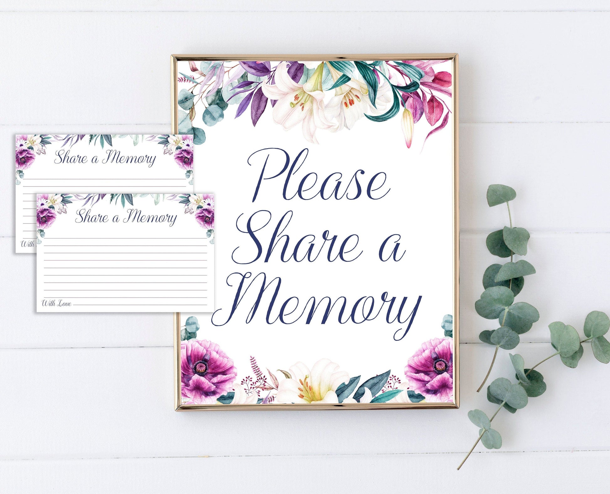 Share a Memory Sign and Cards for Funeral | Purple Memorial Keepsake | Lily Celebration of Life Favors | B170 - lovingmemoryprints