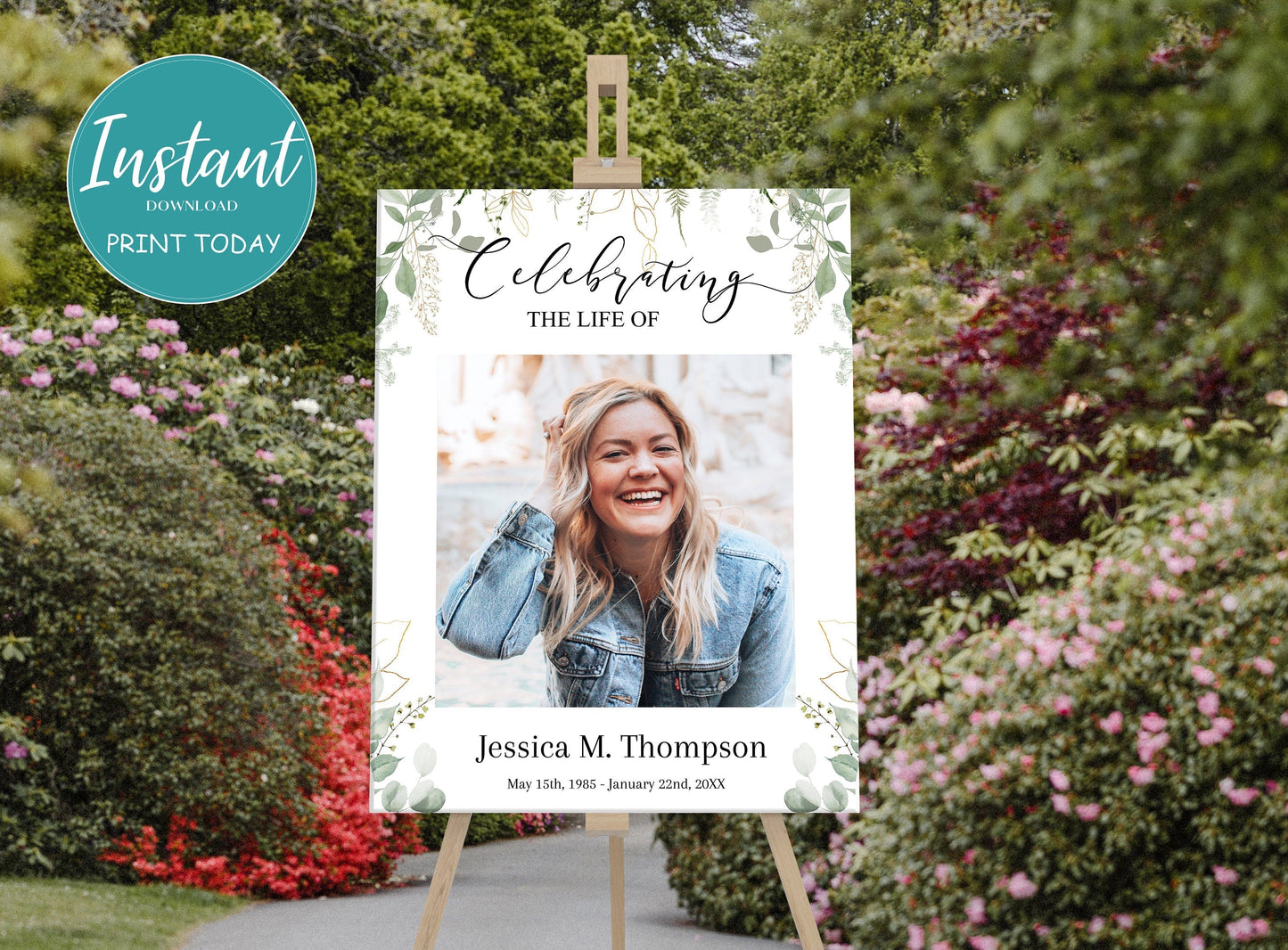 Single Funeral Poster Template With Leafy Green Background - lovingmemoryprints
